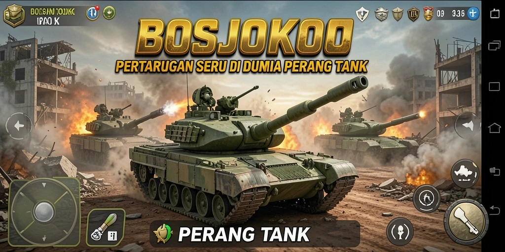 Tampilan antarmuka utama BOSJOKO dengan tank dan medan perang.