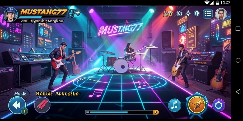Tampilan antarmuka menarik pada game Musik Rhythm MUSTANG77.